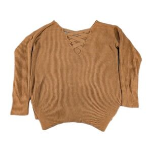 Haute Fox Sweater Laceup V-Neck Sweatshirt Knit Pullover Straps Womens 3XL Brown